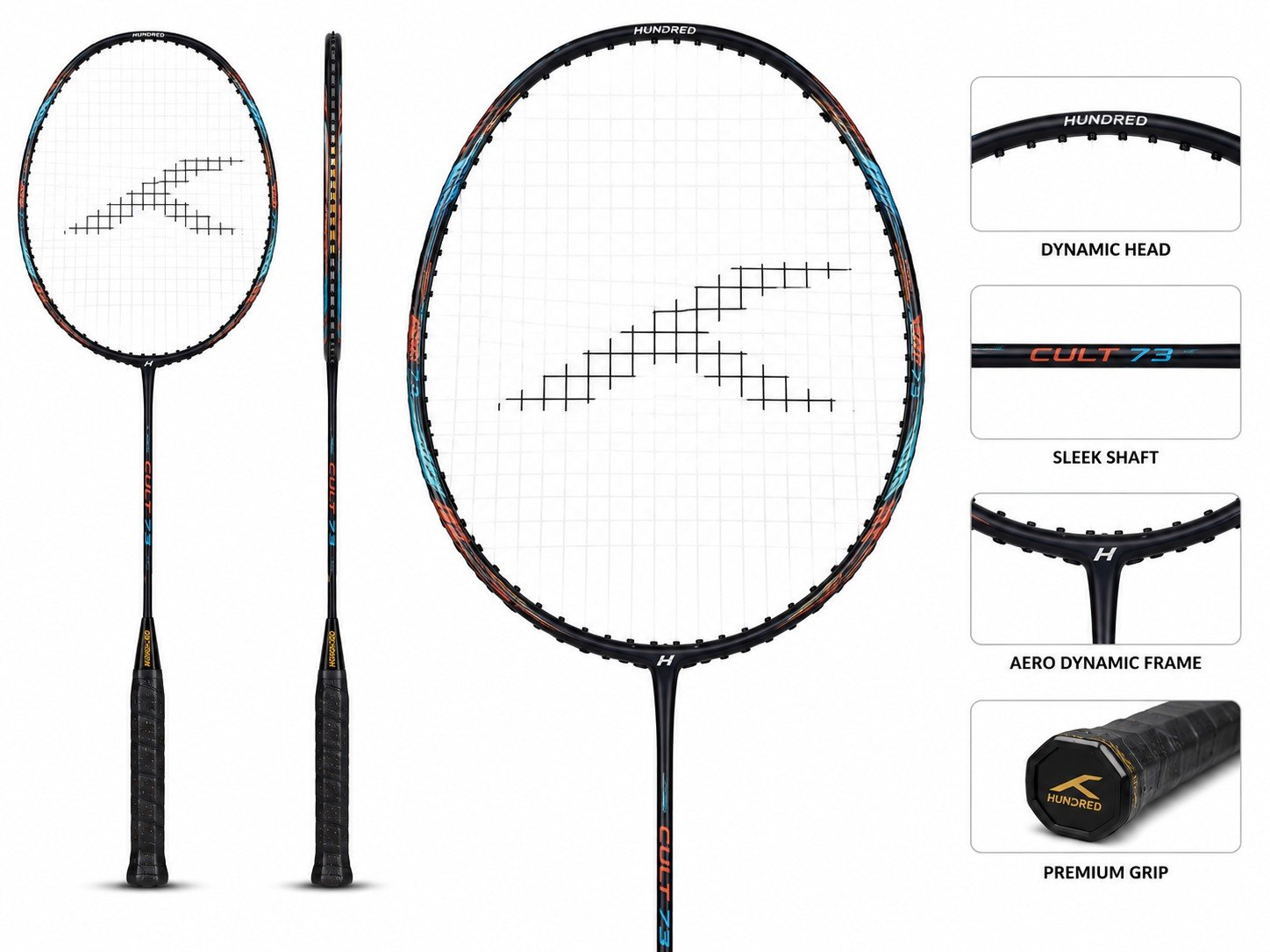 Hundred Cult 73 Badminton Racquet - Carbon Fiber PowerSlim 7.0mm Head Heavy 6U 73g Isometric Black Blue