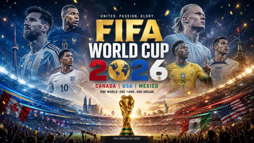 FIFA World Cup 2026 complete guide with football stadium and golden trophy