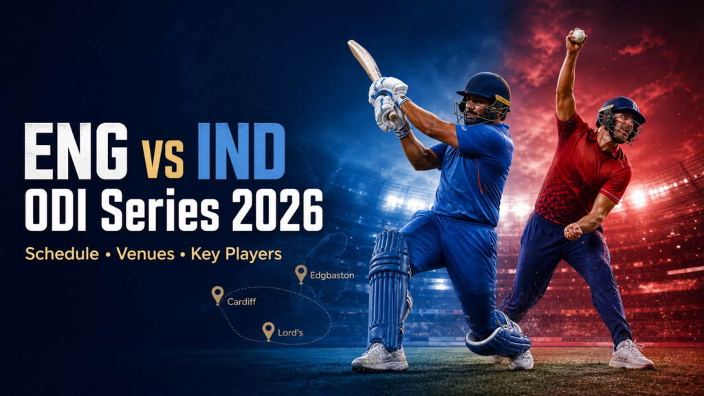 England vs India ODI series 2026 featured graphic with schedule venues and key players text