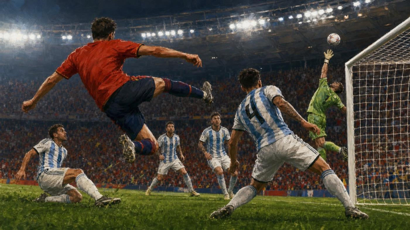 Illustration of Ferran Torres scoring Spain's extra-time winner against Argentina
