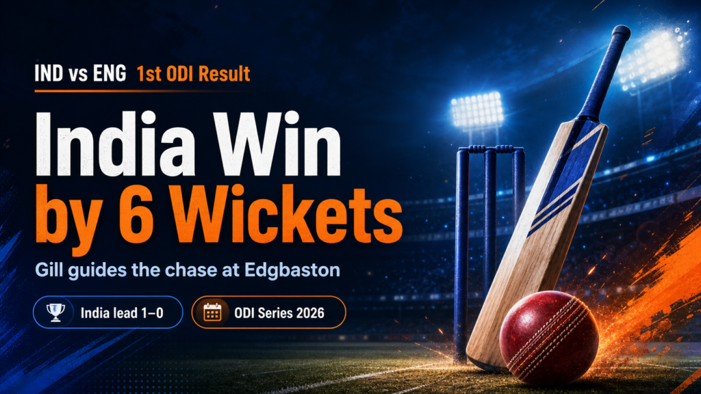 India vs England 1st ODI result featured graphic showing India win by 6 wickets at Edgbaston