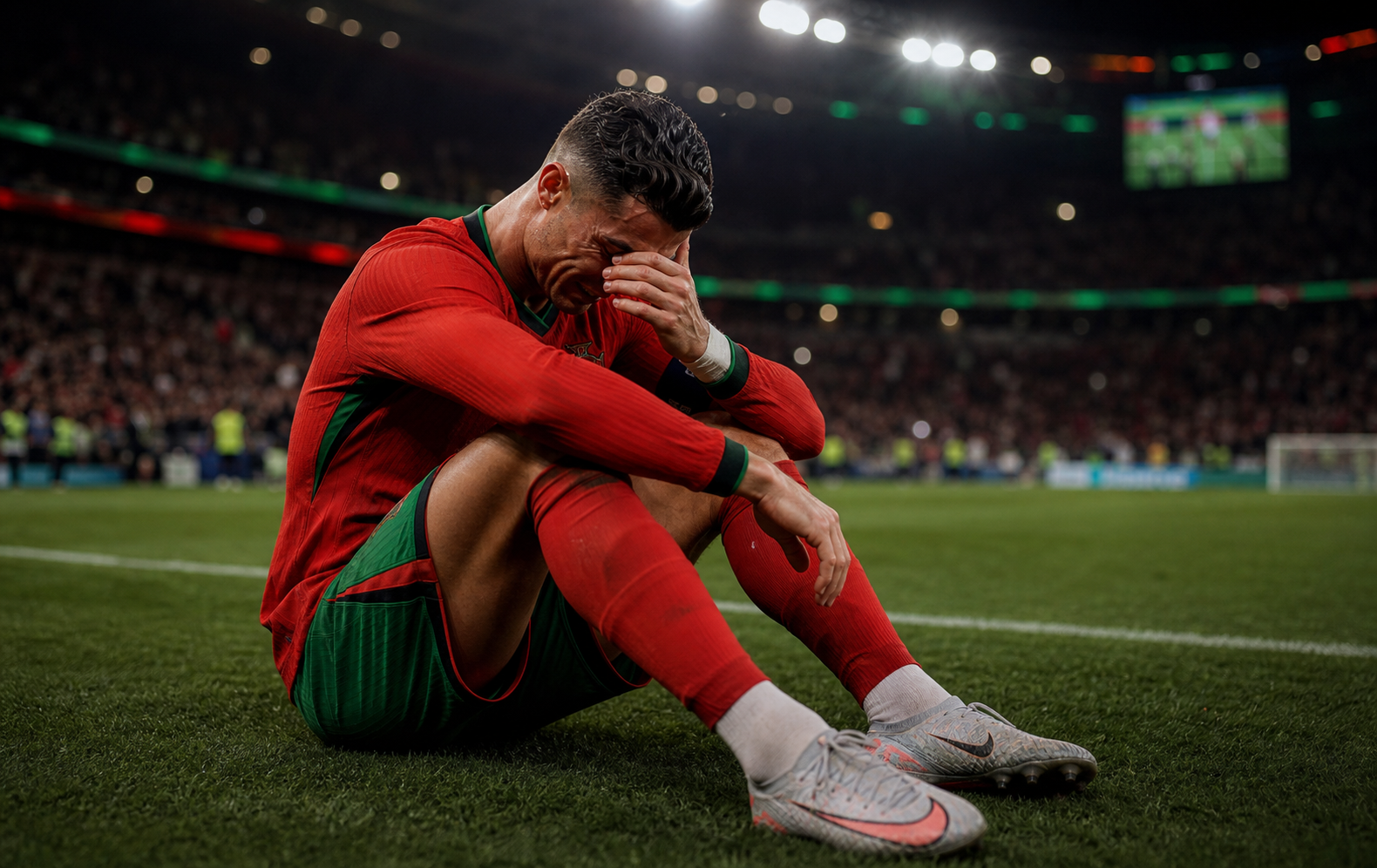 Editorial image of Portugal players stunned as Spain celebrate decisive World Cup goal